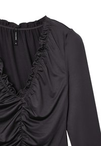 Top nero a maniche lunghe con scollatura a V profonda, caratterizzato da dettagli arricciati lungo il colletto e nella parte frontale, realizzato in tessuto morbido. Etichetta visibile.