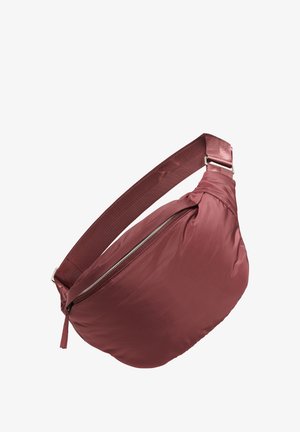 Burgundy nylon fanny pack with a rounded shape, featuring a silver zipper and a wide, adjustable strap. Textured surface with smooth finish.