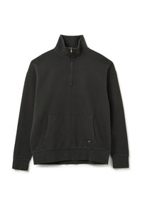 Felpa verde scuro con colletto a mezza zip, polsini a costine e tasca frontale a marsupio. Tessuto morbido con design casual.