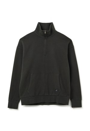 Dunkelgrüner Sweatshirt mit halbem Reißverschlusskragen, gerippten Bündchen und einer vorderen Kängurutasche. Weicher Stoff mit lässigem Design.