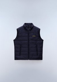 Marineblaue gesteppte ärmellose Weste mit Frontreißverschluss und zwei Reißverschlusstaschen, Stehkragen und kleinem Logoaufnäher auf der Brust.