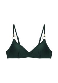 Haut de bikini vert à rayures avec bretelles ajustables et accents en métal doré. Présente une forme triangulaire et un tissu texturé.