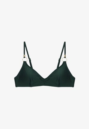 Haut de bikini vert à rayures avec bretelles ajustables et accents en métal doré. Présente une forme triangulaire et un tissu texturé.