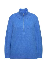 Blauer Reißverschluss-Pullover mit geripptem Kragen und Saum. Aus weichem, strukturiertem Stoff gefertigt. Verfügt über lange Ärmel und einen Viertel-Reißverschluss.
