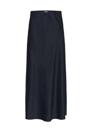 Navy blauwe satijnen midi-rok met een elastische tailleband, gladde textuur en zijslitsen voor meer bewegingsvrijheid. Eenvoudig, klassiek ontwerp.