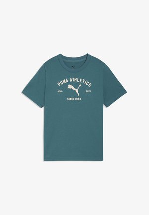 Türkisfarbenes Baumwoll-T-Shirt mit Rundhalsausschnitt, kurzen Ärmeln und einem Grafikdruck mit der Aufschrift "PUMA ATHLETICS" sowie einem springenden Puma-Logo.