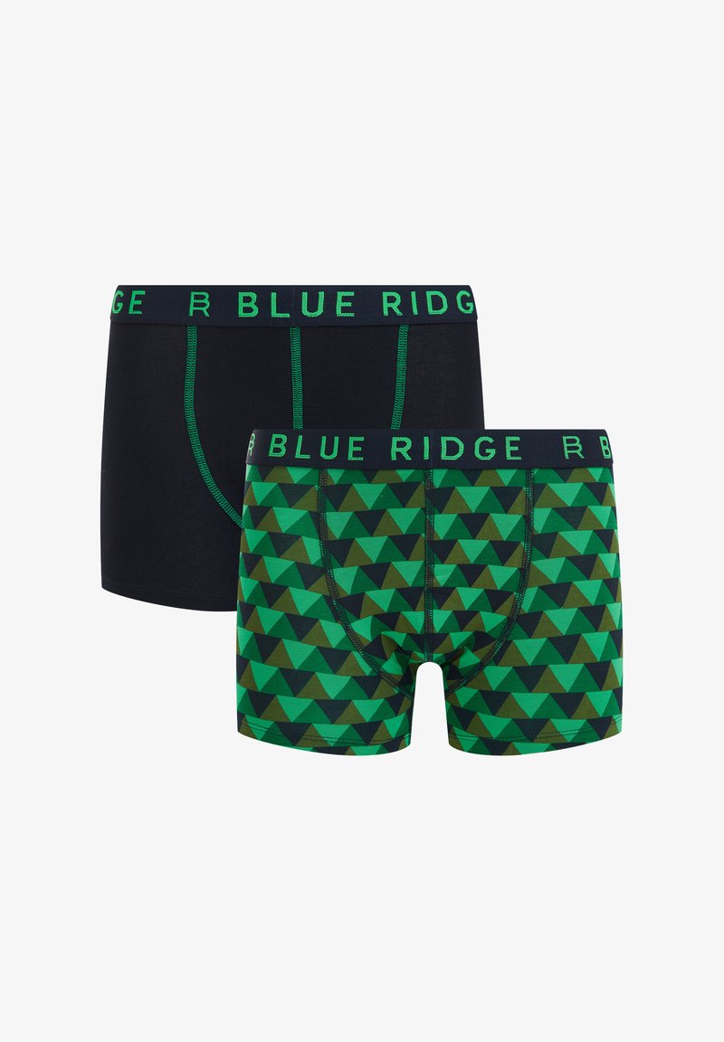 Dve pare bokseric: ena črna z zelenim šivom in logotipom, druga zelena s trikotno obliko v temno in svetlo zeleni barvi.