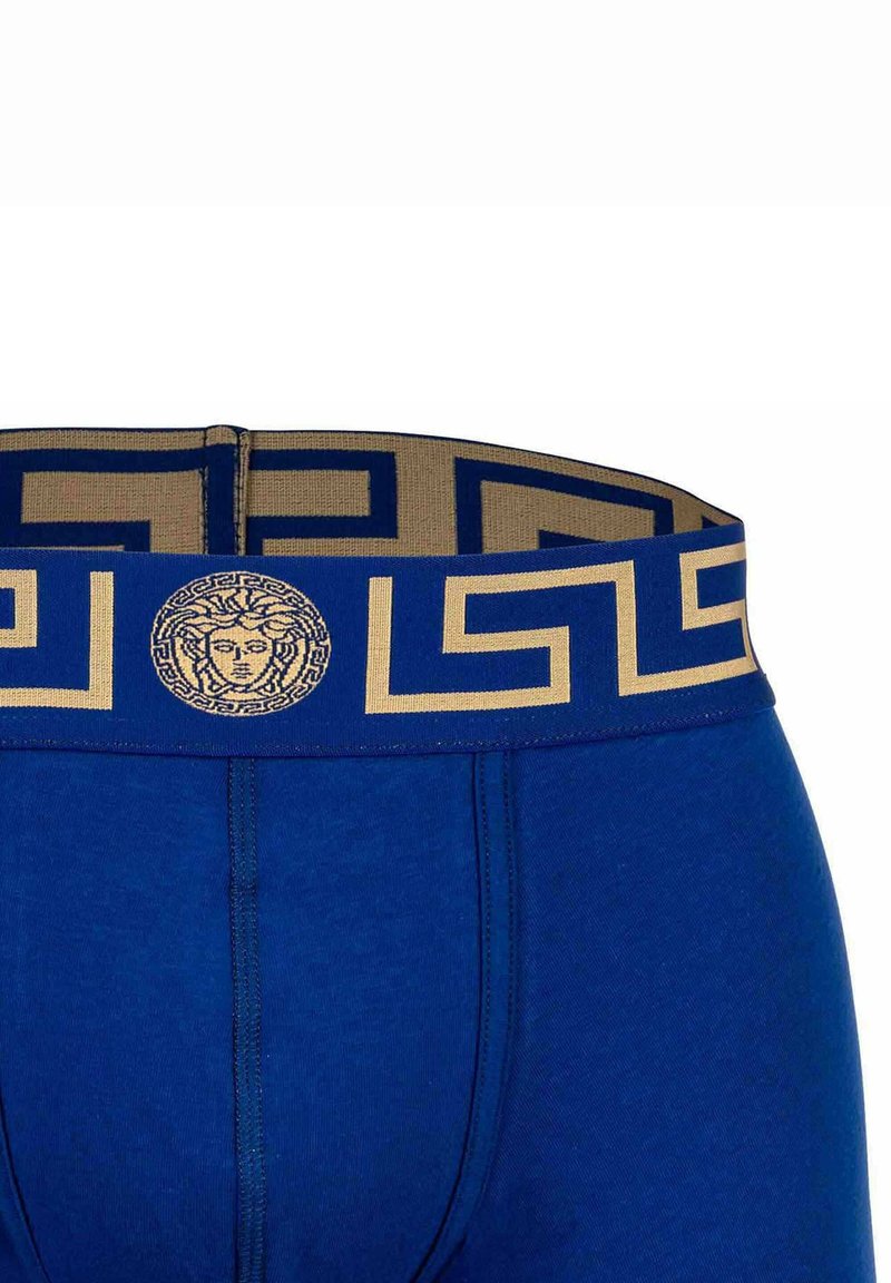 Blue underwear featuring a gold textured waistband with a Greek key pattern and a logo medallion at the center. Soft cotton material.