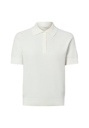 Witte gebreide poloshirt met korte mouwen, een geribbelde zoom, een knoopsluiting met drie knopen en een klassieke kraag, afgebeeld op een witte achtergrond.