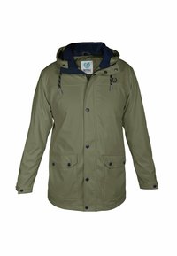 Grüne wasserdichte Jacke mit Kapuze, zwei Vordertaschen, Druckknöpfen und einem navyblauen Futter. Verfügt über verstellbare Kordeln und Logodetails.
