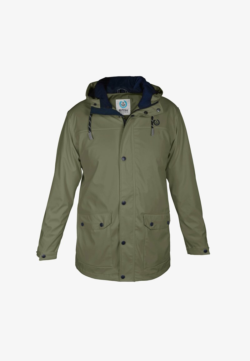 Grüne wasserdichte Jacke mit Kapuze, zwei Vordertaschen, Druckknöpfen und einem navyblauen Futter. Verfügt über verstellbare Kordeln und Logodetails.