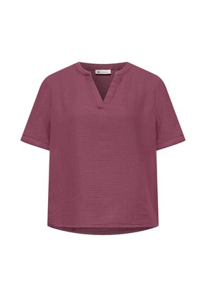 Blouse prune à manches courtes en tissu texturé avec col en fente en V, coupe ample et ourlet légèrement asymétrique.