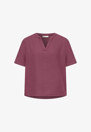 Blouse prune à manches courtes en tissu texturé avec col en fente en V, coupe ample et ourlet légèrement asymétrique.