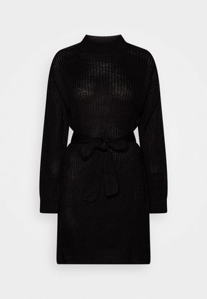 Black knit dress with long sleeves, turtleneck, and a belted waist. Features a loose, breathable texture and an above-knee length.