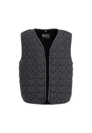 Donkergrijze mouwloze gewatteerde bodywarmer met hartvormig stikselpatroon en open voorkant, met label Blue Ridge 134/140.