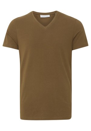 Brązowy, krótki rękaw, T-shirt z dekoltem w serek o swobodnym kroju i małą metką wewnątrz kołnierza.