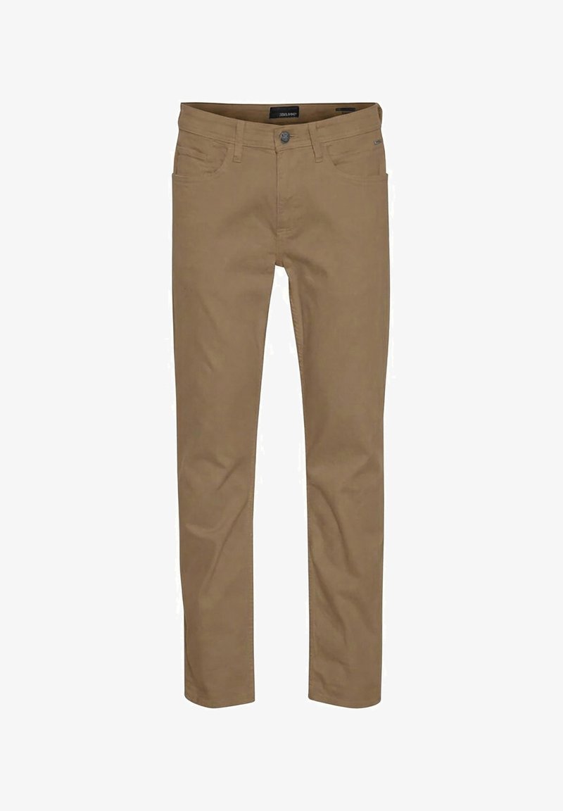 Pantalon beige slim fit pour homme avec fermeture bouton et zip, poches avant et passants pour ceinture, présenté sur fond blanc.