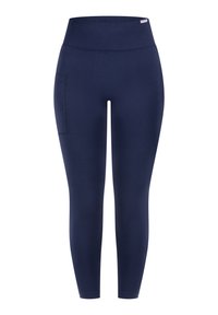 Marineblauwe legging met een hoge, gestructureerde tailleband en een zijzak. Gemaakt van rekbaar materiaal, smal model en enkellengte.
