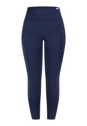 Marineblauwe legging met een hoge, gestructureerde tailleband en een zijzak. Gemaakt van rekbaar materiaal, smal model en enkellengte.