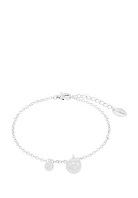 Pulsera de plata que presenta una fina cadena con dos acentos esféricos de diferentes tamaños. Incluye un cierre tipo langosta y una etiqueta de marca.