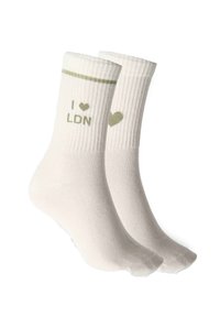 White cotton ankle socks with ribbed texture, green text "I ♥ LDN" and a green stripe at the top. Smooth finish overall.