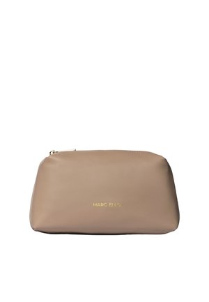 Bustina in pelle beige con cerniera dorata e logo Marc Ellis centrato sul davanti.