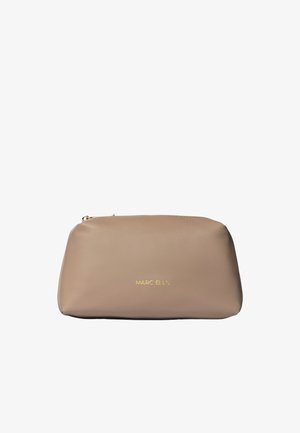 Bustina in pelle beige con cerniera dorata e logo Marc Ellis centrato sul davanti.
