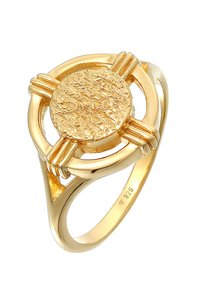 Anello d'oro con un centro rotondo testurizzato, circondato da un design a fascia attorcigliata con accenti lisci. Contrassegnato "925" per argento sterling.