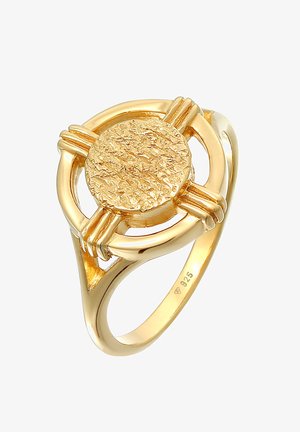 Guld ring med et struktureret rundt midtpunkt, omkranset af et snoet bånddesign med glatte indslag. Stemplet "925" for sterlingsølv.