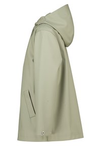 Giacca da pioggia verde chiaro con cappuccio, dotata di tasca laterale e materiale impermeabile e liscio. Design semplice con vestibilità comoda.