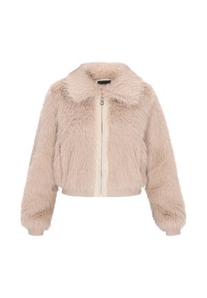 Väskin keinoturkki lyhyessä beige-värisessä takissa, jossa on kaulus, vetoketjusulku ja ribbaatut hihansuut. Pehmeä koostumus ja sävysävyyn kangaspaneeli edessä.