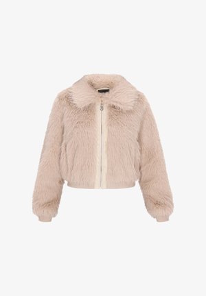 Faux fur cropped jacket in light beige with a collar, zip closure, and ribbed cuffs. Soft texture with a tonal fabric panel at the front.
