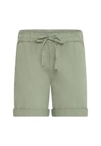 Lysegrønne bomullsshorts med elastisk midje, snor i livet og oppbrettede hemmer. Jevn tekstur, avslappet design og enkle detaljer.