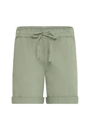 Pantalones cortos de algodón verde claro con cinturilla elástica, cordón de ajuste y dobladillos enrollados. Textura suave, diseño casual y acentos sencillos.