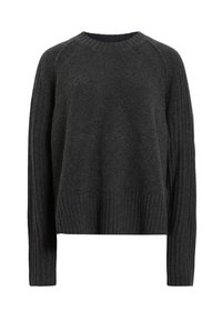 Pull en maille gris foncé à col rond avec manches longues côtelées et ourlet côtelé, style décontracté.