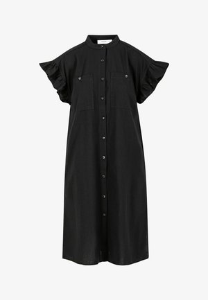 Vestito nero al ginocchio con maniche corte arricciate, chiusura frontale con bottoni, due tasche sul petto e colletto alto.