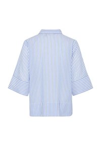 Mėlynai ir baltai dryžuota marškinėliai, turintys apykaklę, trumpas plačias rankoves ir tiesią sijoną. Lygaus audinio su aštriu tekstūra.