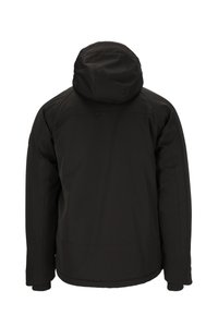 Schwarze, wasserdichte Jacke mit Kapuze, glatter Textur und schlichtem Design. Keine sichtbaren Marken oder Akzente auf der Rückseite.