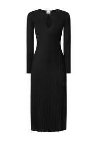 Black ribbed knit dress with long sleeves, featuring a keyhole cutout at the neckline. Straight silhouette, knee-length, textured fabric.