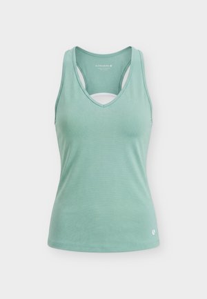 Jasnozielony sportowy top bez rękawów z projektem typu racerback oraz subtelnym białym logo w pobliżu dolnego brzegu, przedstawiony na jednolitym tle.