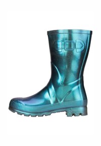 Rubberen regenlaars met een glanzende, iriserende teal-blauwe afwerking, textuur op het bovenwerk, versterkte neus en een geprofileerde zool voor grip.
