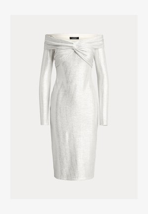 Hõbedane õlavarretu kleit pikkade varrukatega, millel on keeratud bodice'i disain ja vormikas siluett. Sile, metallik kangas.