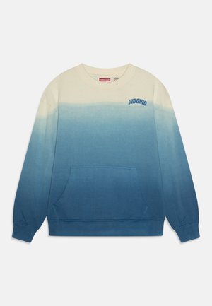 Sudadera con degradado de azul claro a azul oscuro, material de algodón, cuello redondo, mangas largas, bolsillo frontal, logo de Vingino en azul en el pecho.