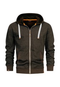Gray zip-up hoodie with a drawstring hood, featuring white accent straps, a lined collar in orange, and two front pockets.