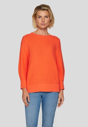 Leuchtend orangefarbener Pullover aus weichem Stoff, mit rundem Halsausschnitt und langen Ärmeln mit gerippten Bündchen. Gerader Saum, schlichtes Design.