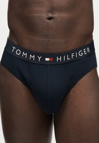 Κοντινό πλάνο ενός ατόμου που φοράει ναυτικό μπλε ανδρικά εσώρουχα Tommy Hilfiger με λογότυπο και σημαία στη μέση, σε ουδέτερο φόντο.