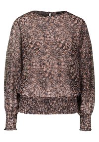 Blouse longue à manches longues en tissu transparent avec imprimé floral rose et marron, poignets et ourlet froncés, encolure ronde avec fermeture à boutons au dos.