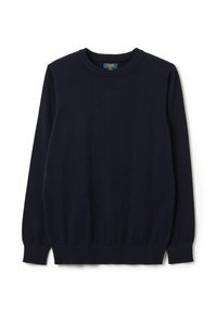 Marineblauer, langärmeliger Pullover aus weichem Material mit Rundhalsausschnitt sowie gerippten Bündchen und Saum. Schlichtes Design, ohne Muster.