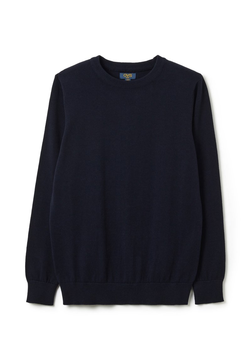Marineblauer, langärmeliger Pullover aus weichem Material mit Rundhalsausschnitt sowie gerippten Bündchen und Saum. Schlichtes Design, ohne Muster.