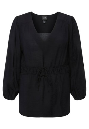 Černá blůza s výstřihem do V, elastickým pasem a dlouhými volnými rukávy. Vyrobena z lehké tkaniny s mírně texturovaným povrchem.